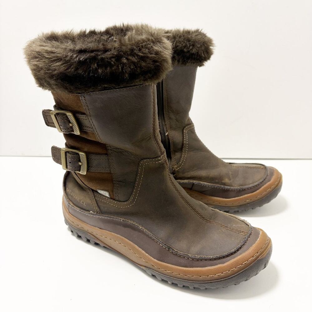 Merrell Decora Chant Brown Leather Snow Boots Women 8 Faux Fur Lined Waterproof